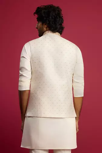 white silk blend nehru jacket | zardozi embroidery with golden buti jacquard
