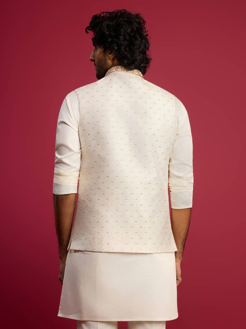 white silk blend nehru jacket | zardozi embroidery with golden buti jacquard