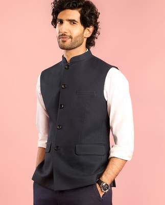 navy blue nehru jacket | self-textured imported suiting with satin lining | festive wear 1
