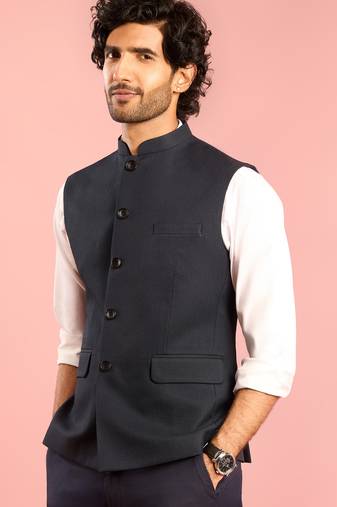 navy blue nehru jacket | self-textured imported suiting with satin lining | festive wear