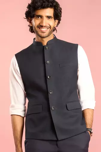 navy blue nehru jacket | self-textured imported suiting with satin lining | festive wear