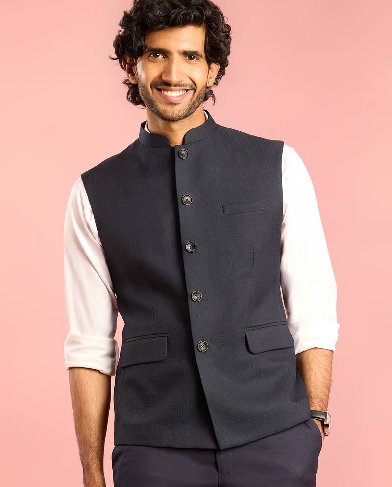 navy blue nehru jacket | self-textured imported suiting with satin lining | festive wear