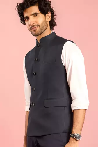 navy blue nehru jacket | self-textured imported suiting with satin lining | festive wear