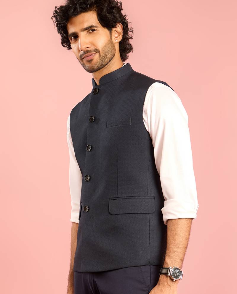 navy blue nehru jacket | self-textured imported suiting with satin lining | festive wear