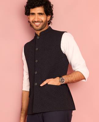 navy blue embossed nehru jacket | imported suiting fabric with floral design 1
