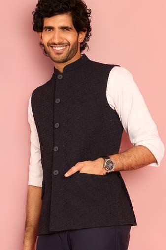 navy blue embossed nehru jacket | imported suiting fabric with floral design