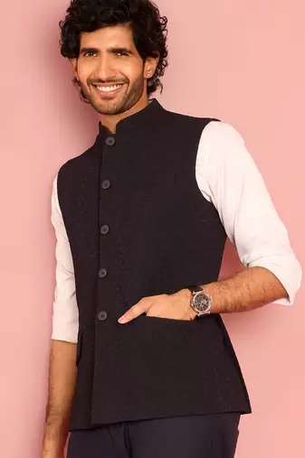 navy blue embossed nehru jacket | imported suiting fabric with floral design