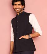 navy blue embossed nehru jacket | imported suiting fabric with floral design