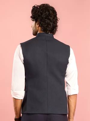 navy blue nehru jacket | self-textured imported suiting with satin lining | festive wear 5