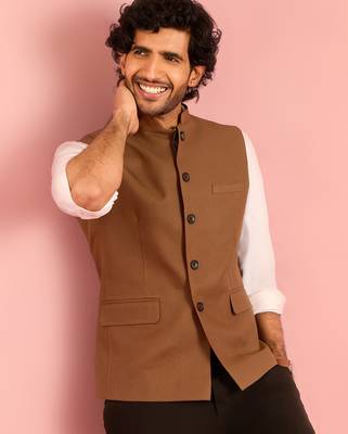 brown nehru jacket | self-textured imported suiting with satin lining | wedding wear 1