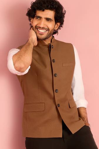 brown nehru jacket | self-textured imported suiting with satin lining | wedding wear