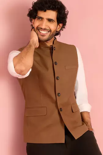 brown nehru jacket | self-textured imported suiting with satin lining | wedding wear