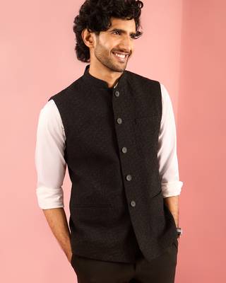 black nehru jacket | self-textured imported suiting with satin lining | wedding & formal wear 1