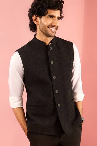 black nehru jacket | self-textured imported suiting with satin lining | wedding & formal wear