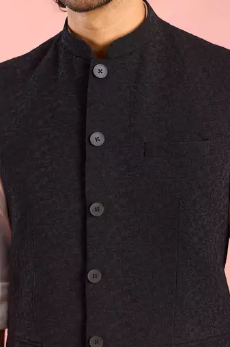navy blue embossed nehru jacket | imported suiting fabric with floral design
