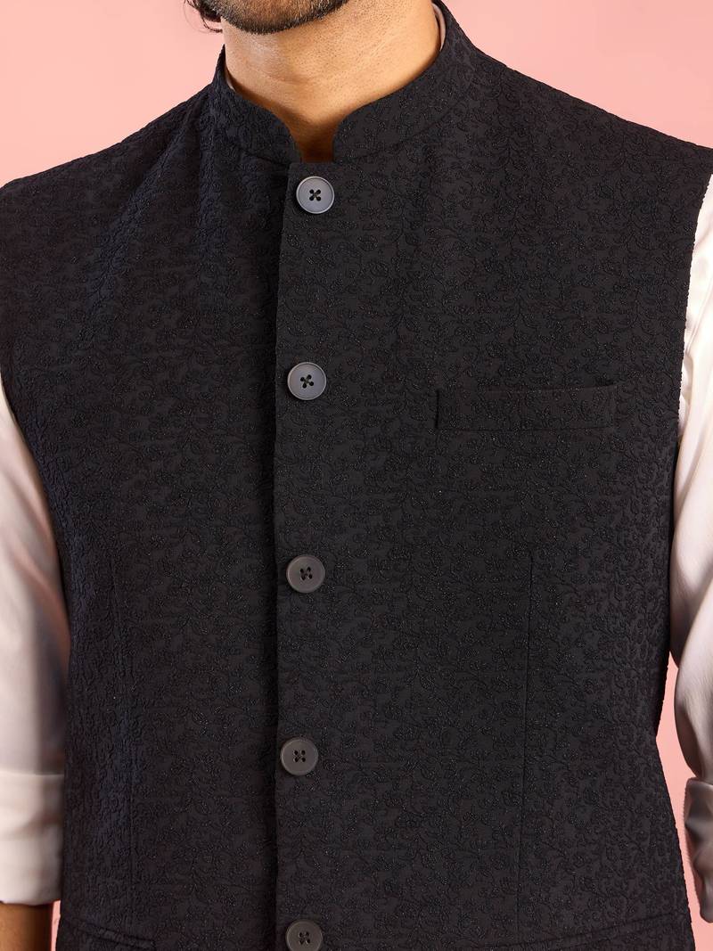 navy blue embossed nehru jacket | imported suiting fabric with floral design