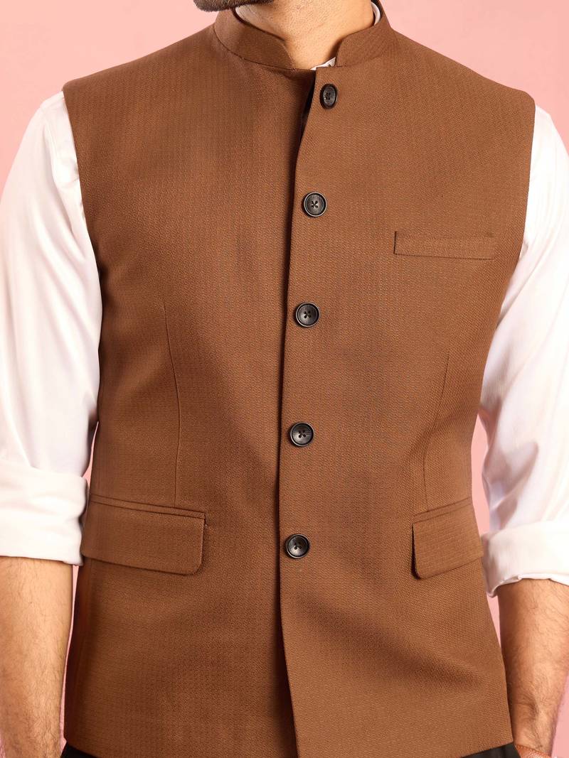 brown nehru jacket | self-textured imported suiting with satin lining | wedding wear