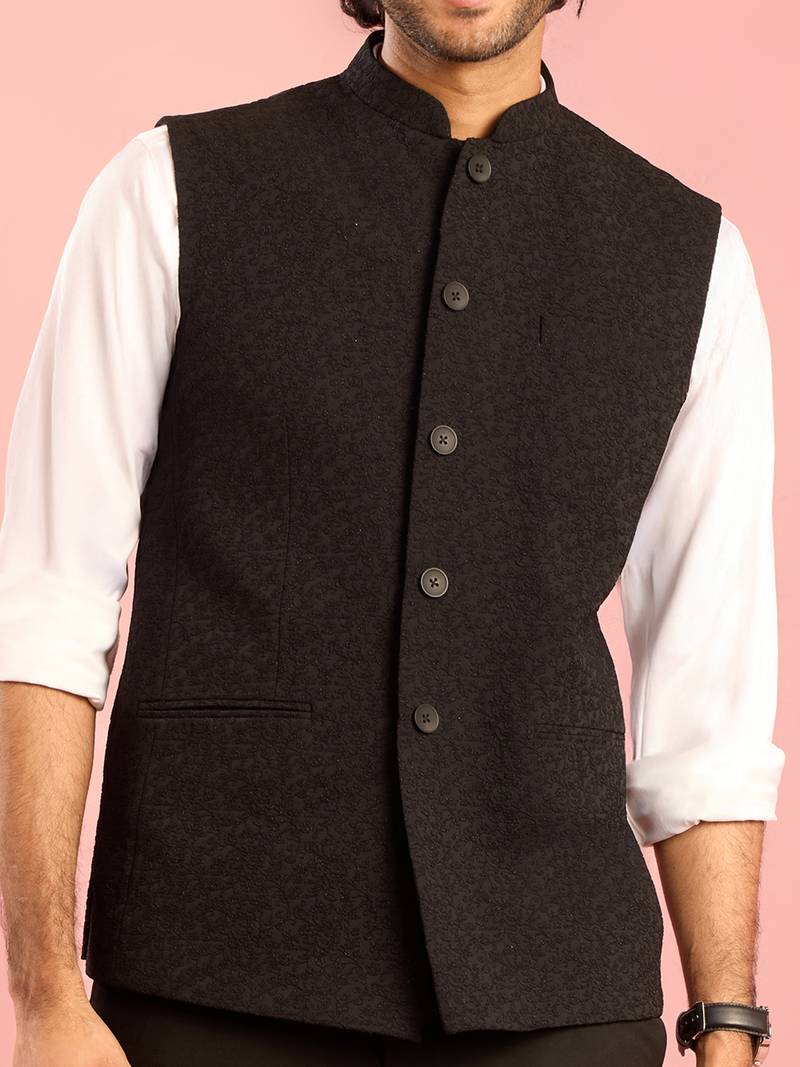 black nehru jacket | self-textured imported suiting with satin lining | wedding & formal wear