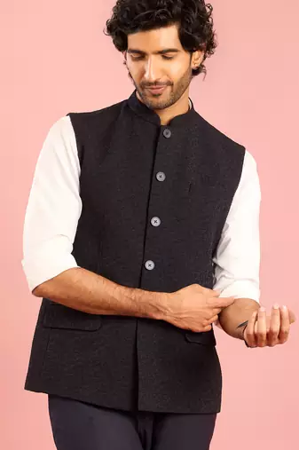 navy blue embossed nehru jacket | imported suiting fabric with floral design