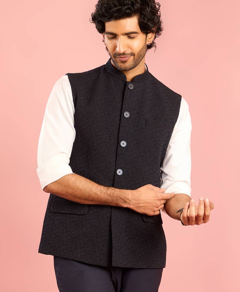 navy blue embossed nehru jacket | imported suiting fabric with floral design