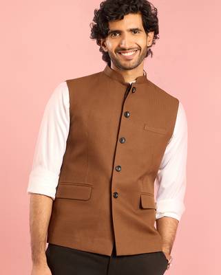 brown nehru jacket | self-textured imported suiting with satin lining | wedding wear 3