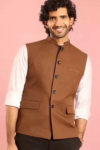 brown nehru jacket | self-textured imported suiting with satin lining | wedding wear