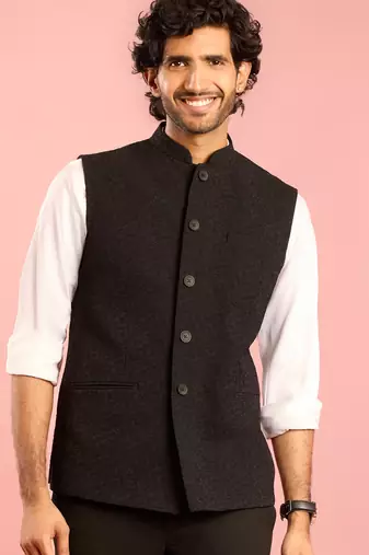 black nehru jacket | self-textured imported suiting with satin lining | wedding & formal wear