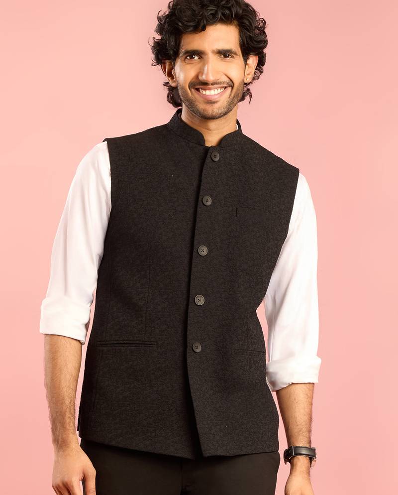 black nehru jacket | self-textured imported suiting with satin lining | wedding & formal wear