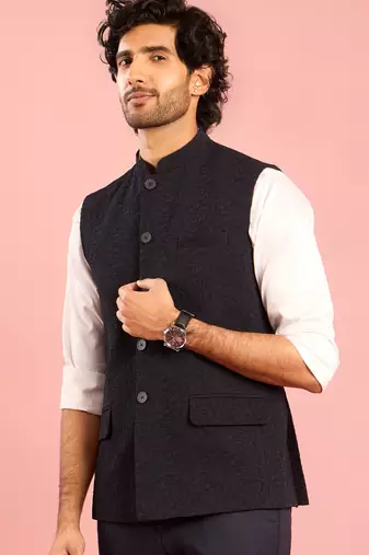 navy blue embossed nehru jacket | imported suiting fabric with floral design