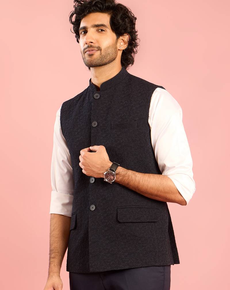navy blue embossed nehru jacket | imported suiting fabric with floral design