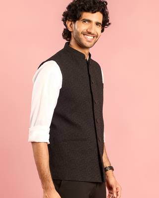 black nehru jacket | self-textured imported suiting with satin lining | wedding & formal wear 4