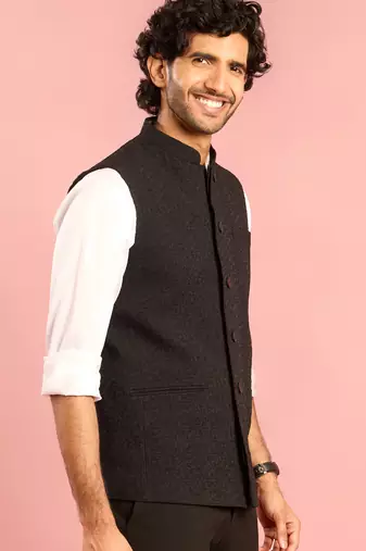 black nehru jacket | self-textured imported suiting with satin lining | wedding & formal wear