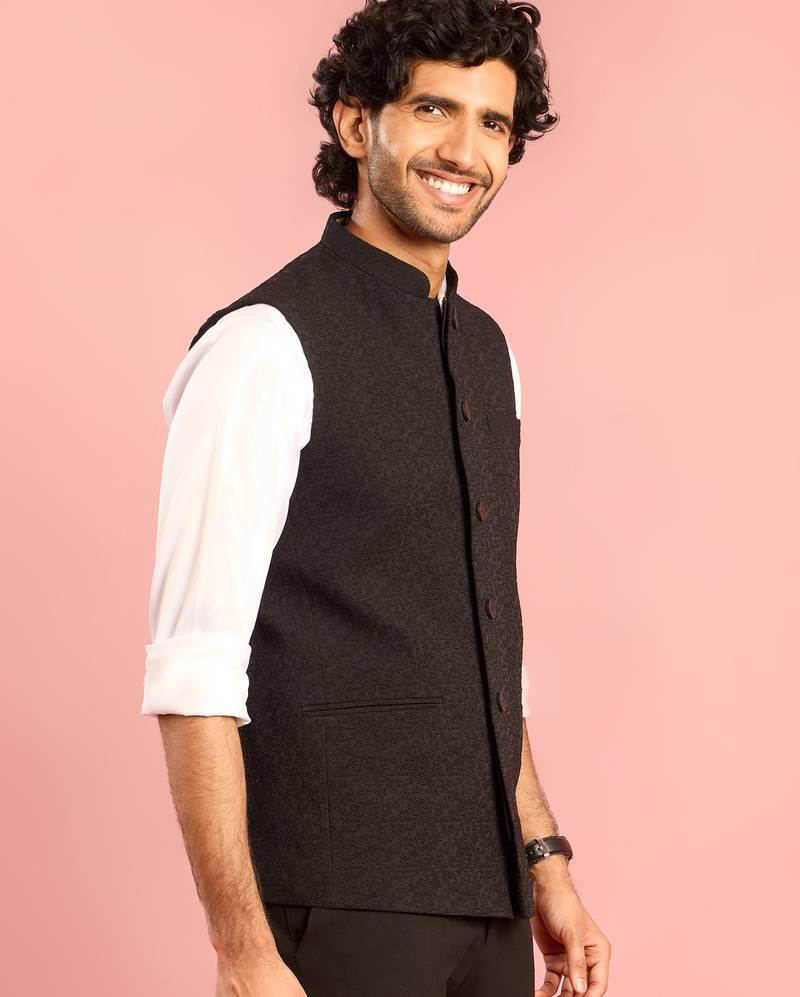 black nehru jacket | self-textured imported suiting with satin lining | wedding & formal wear
