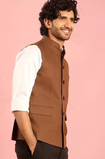 brown nehru jacket | self-textured imported suiting with satin lining | wedding wear