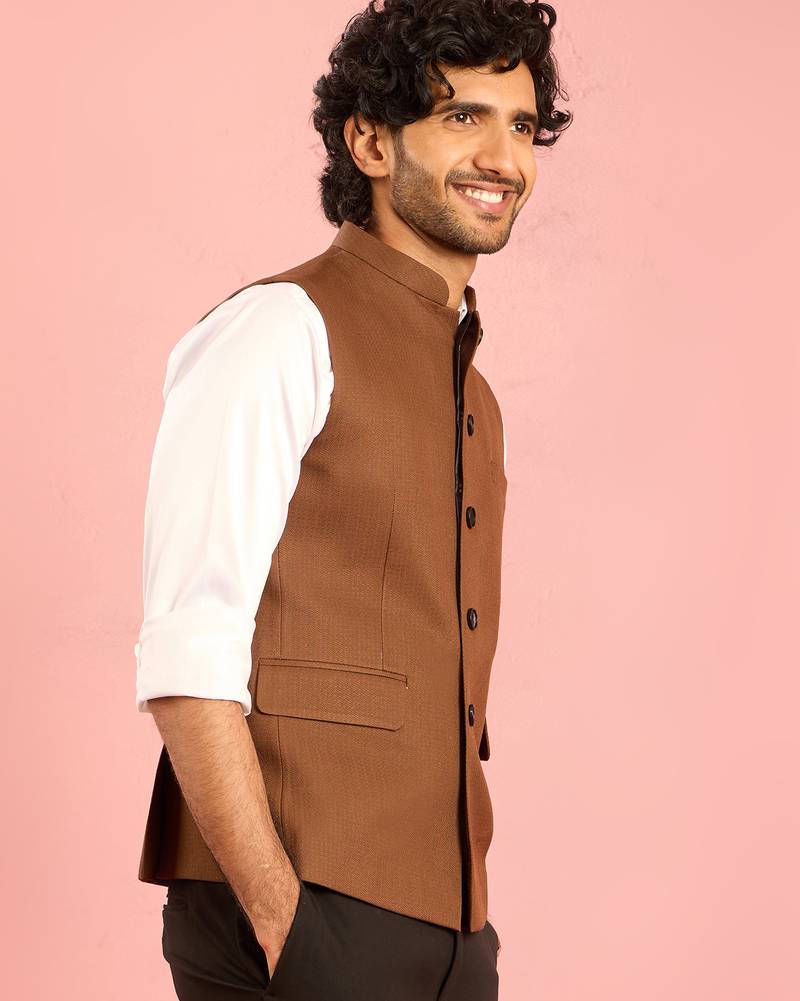 brown nehru jacket | self-textured imported suiting with satin lining | wedding wear