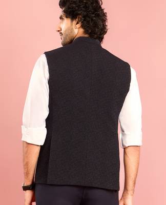 navy blue embossed nehru jacket | imported suiting fabric with floral design 5