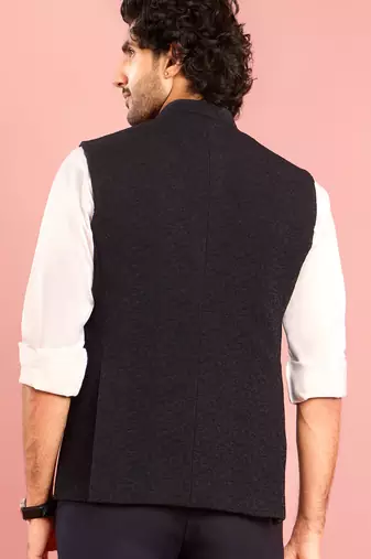 navy blue embossed nehru jacket | imported suiting fabric with floral design
