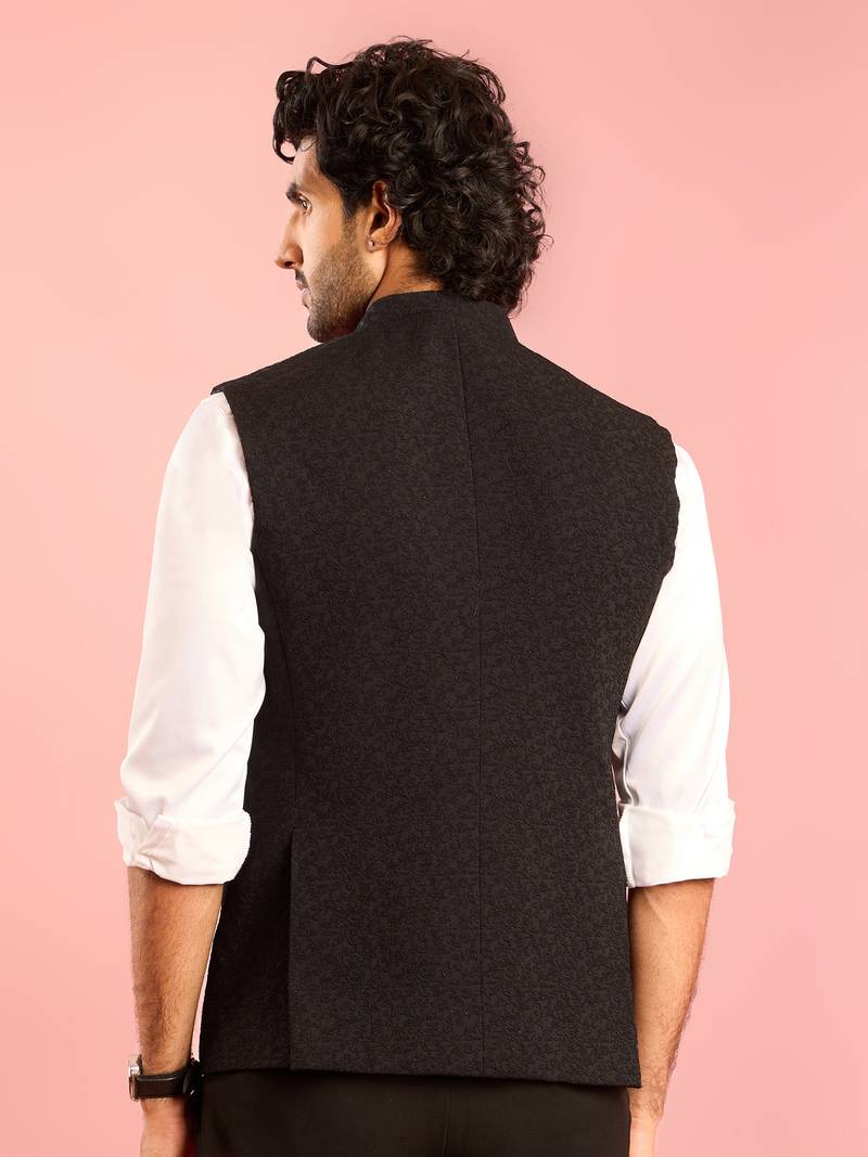 black nehru jacket | self-textured imported suiting with satin lining | wedding & formal wear