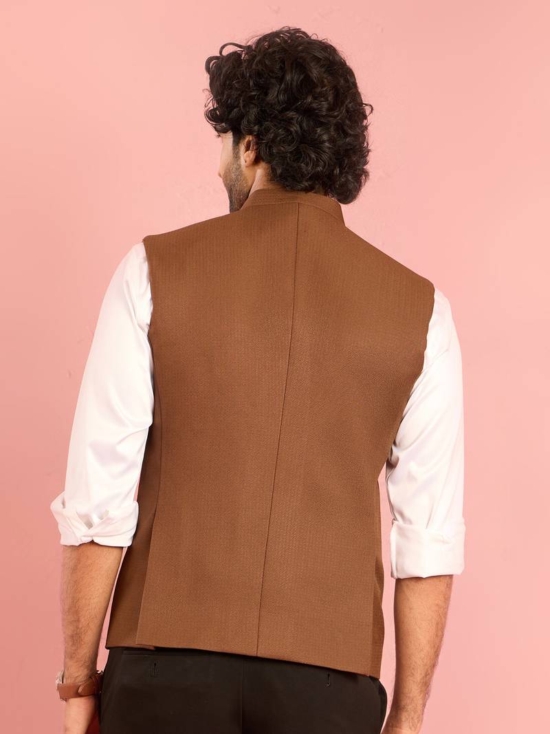 brown nehru jacket | self-textured imported suiting with satin lining | wedding wear