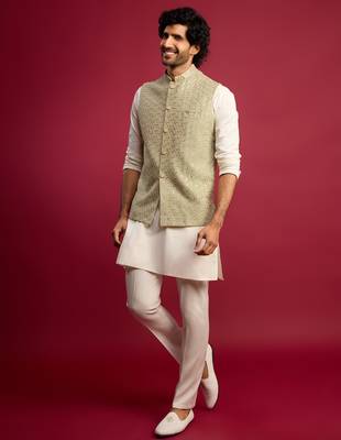 pista green sequin & thread embroidered nehru jacket with cream satin kurta & pants set | festive ethnic bundle | 1