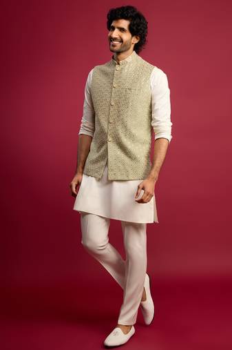 pista green sequin & thread embroidered nehru jacket with cream satin kurta & pants set | festive ethnic bundle |