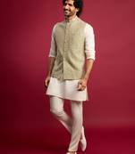 pista green sequin & thread embroidered nehru jacket with cream satin kurta & pants set | festive ethnic bundle |