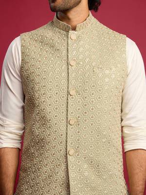 pista green sequin & thread embroidered nehru jacket with cream satin kurta & pants set | festive ethnic bundle | 2