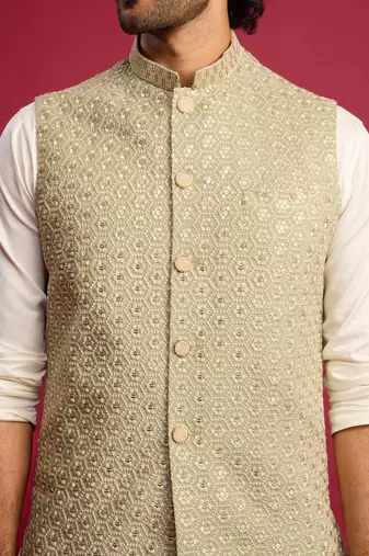 pista green sequin & thread embroidered nehru jacket with cream satin kurta & pants set | festive ethnic bundle |