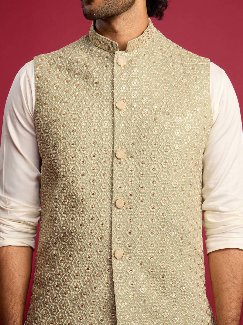 pista green sequin & thread embroidered nehru jacket with cream satin kurta & pants set | festive ethnic bundle |