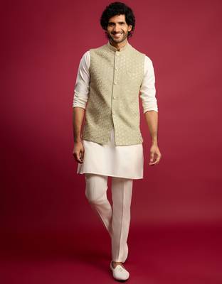 pista green sequin & thread embroidered nehru jacket with cream satin kurta & pants set | festive ethnic bundle | 3