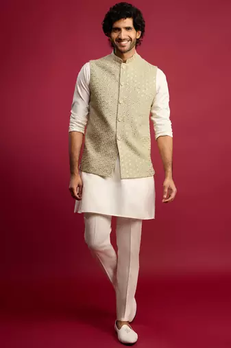 pista green sequin & thread embroidered nehru jacket with cream satin kurta & pants set | festive ethnic bundle |