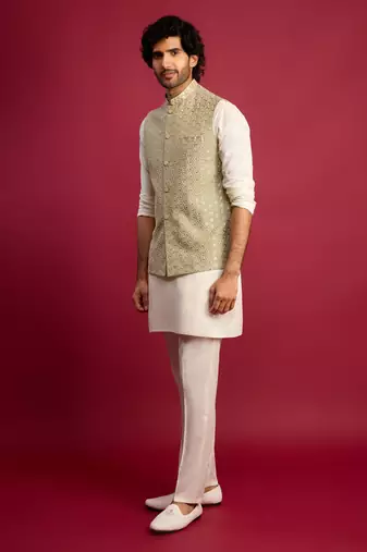 pista green sequin & thread embroidered nehru jacket with cream satin kurta & pants set | festive ethnic bundle |