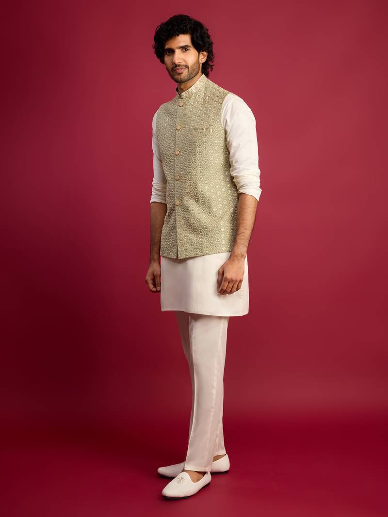 pista green sequin & thread embroidered nehru jacket with cream satin kurta & pants set | festive ethnic bundle |