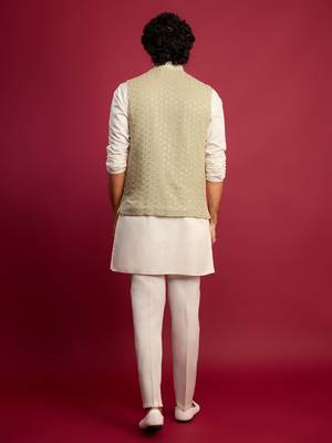 pista green sequin & thread embroidered nehru jacket with cream satin kurta & pants set | festive ethnic bundle | 5